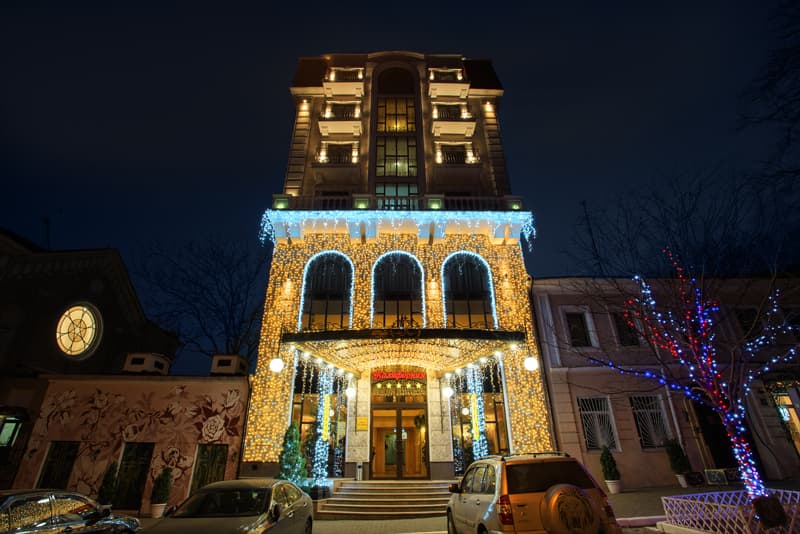 Christmas illuminations of hotel California California Hotel in Odessa on New Year's Eve